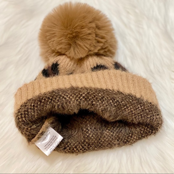 Cheetah Print Pom Pom Soft Acrylic Beanie - Picture 6 of 7